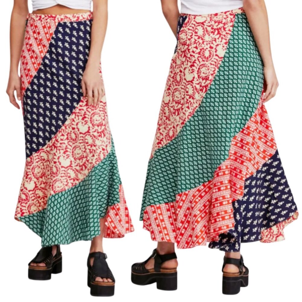 FREE PEOPLE Polska Medley Floral pattern mix Swirly Patchwork Maxi Skirt Size 10